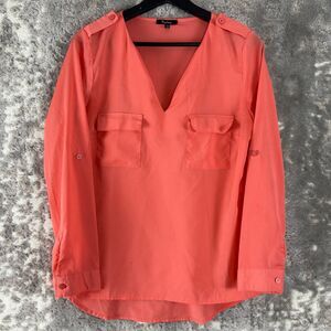 Monteau Women Size M Casual V Neck Top Coral Long Sleeve Pockets